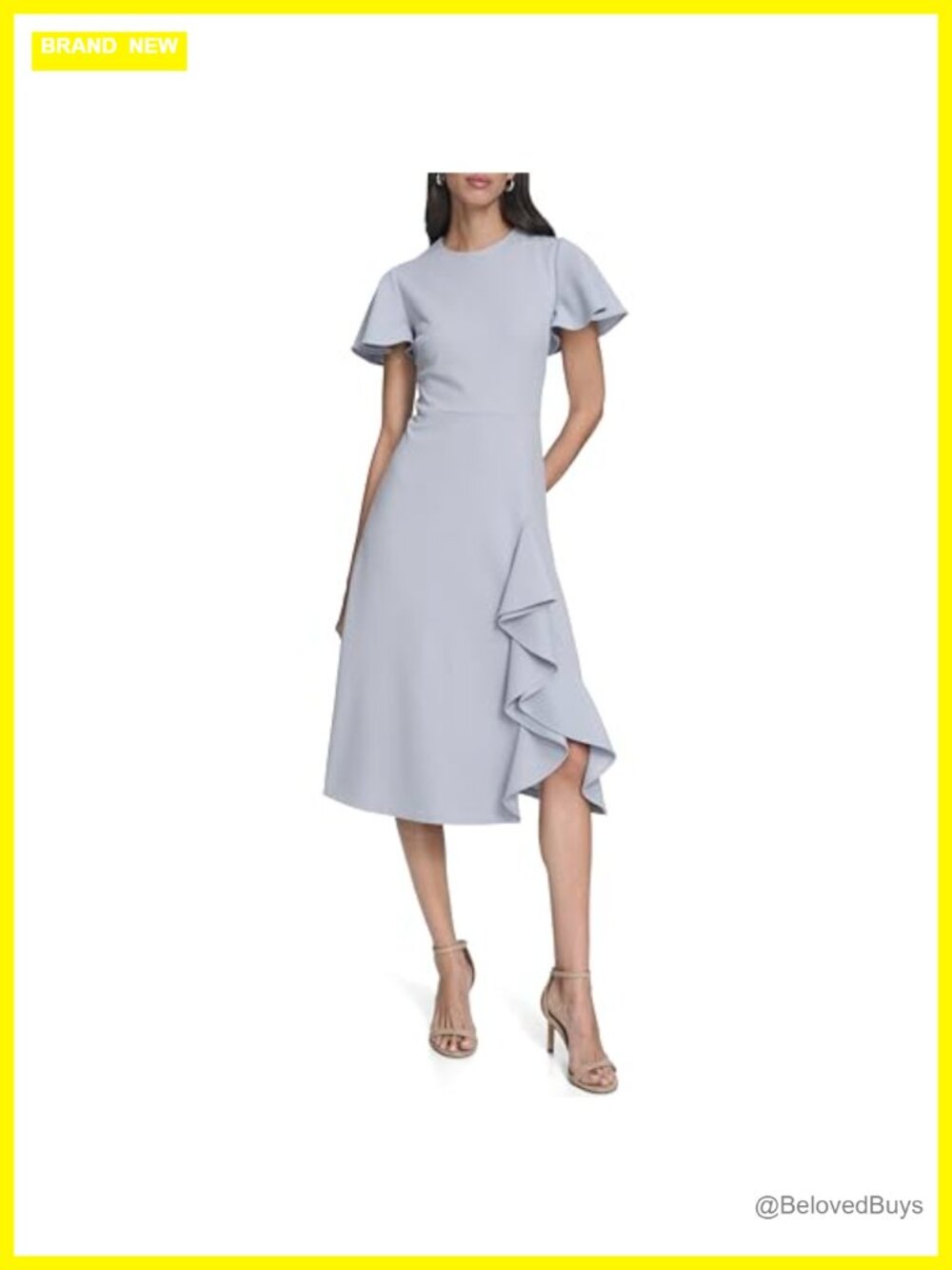 Calvin Klein Flutter Sleeve Crepe A-Line Ruffle Hem Midi Dress